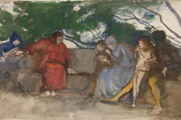 坐在户外长凳上的人物(Figures seated along an outdoor bench )