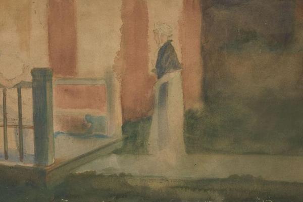 两个女人在门廊上聊天(Two women conversing on a porch)