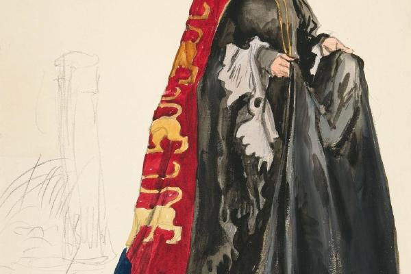 女王(黑色)，亨利·欧文1898年计划制作的理查二世服装草图