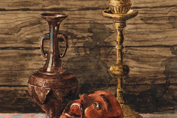 烛台、花瓶和面具的静物画(Stillleben mit Kerzenleuchter, Vase und Maske )