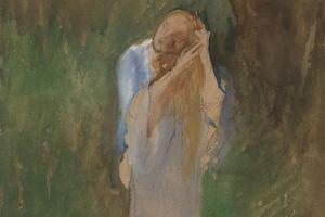 风景中的女人，梳理着她金色的长发(Woman in landcape, combing her long, blond hair)