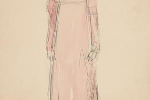 一个穿粉色服装的女人正在学习一个戏剧的素描(Sketch of a woman in pink - costume study for a play)