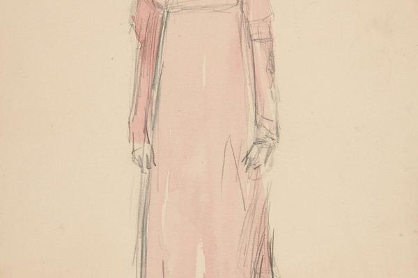 一个穿粉色服装的女人正在学习一个戏剧的素描(Sketch of a woman in pink - costume study for a play)