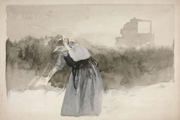 研究一个戴着软帽的女人，俯身(Study of a woman in bonnet, leaning over )