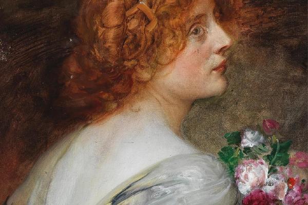 一位手持玫瑰花束的年轻女性侧影(Back View Of A Young Woman In Profile With A Bouquet Of Roses In Her Hands)
