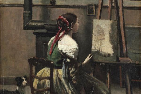 科罗特工作室-一个女人坐在一个简单的，手握曼陀林前(Corot's Studio - Woman Seated Before an Easel,a Mandolin in her Hand )