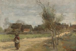 乡村道路上的农民(Paysanne Sur Une Route En Vue D'un Village)