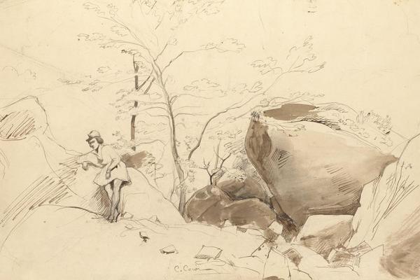 枫丹白露，站在岩石上的身影(Fontainebleau, Figure Leaning Against a Rock )