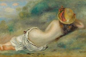 仰卧在草地上，戴着一顶金色草帽的沐浴者(Baigneuse Allongée De Dos Avec Un Chapeau De Paille Or Femme Couchée Sur L'herbe )