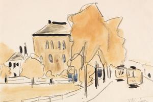 有两辆电车的城市景观(Stadtlandschaft mit zwei Straßenbahnen )