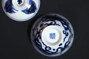 愚拙造物青花双狮二才盖碗