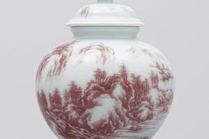 二亭九五之尊-釉里红万山红遍山水茶叶罐