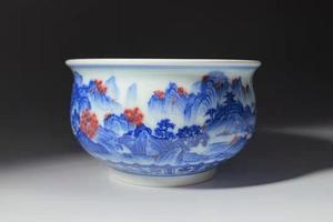 青花釉里红缠枝莲山水炉式杯