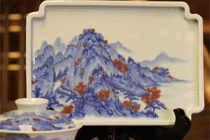 青花釉里红富春山居图壶承