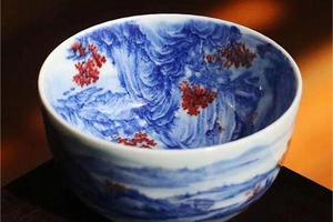青花釉里红山水之富春山居图茶杯
