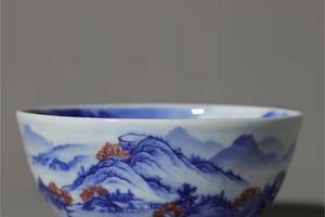 青花釉里红山水人物兰亭雅集图品茶杯