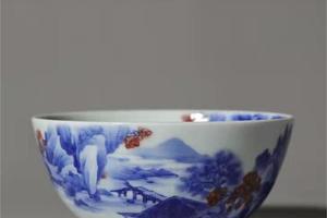 青花釉里红山水梦回桃花源卧足杯