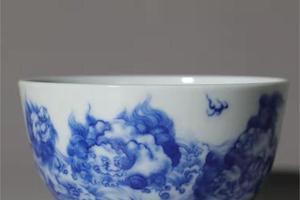 青花九狮卧足缸杯