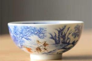 青花加彩人物放鹤图高足杯