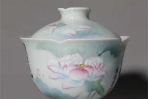 青花粉彩爱莲说莲花荷花花口二才小盖碗