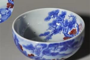 青花釉里红山水人物普洱杯