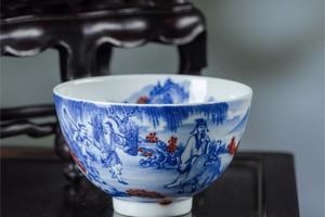 青花釉里红渔樵耕读杯