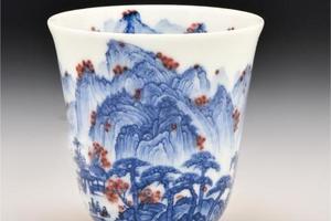 青花釉里红山水杯