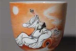 矾红粉彩人物李白醉邀明月直口杯