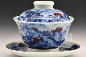 青花釉里红溪山泛舟盖碗