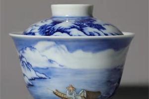 青花加彩雪景山水寒江独钓二才小盖碗