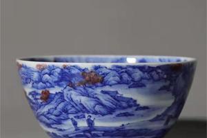 青花釉里红秋山行旅图品茶杯