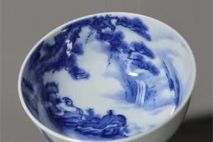 青花人物山水品茶杯松山观瀑图缸杯