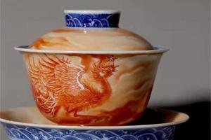 青花矾红凤舞九天三才盖碗