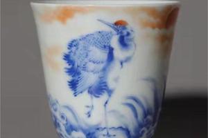 青花矾红海水鹤纹闻香杯