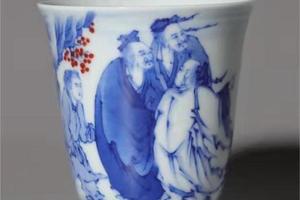 青花釉里红人物放鹤图闻香杯