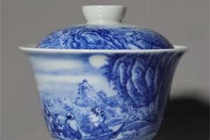 青花夜游赤壁图二才盖碗