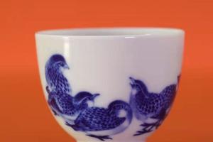 艺林堂柴窑青花五安图品茶杯