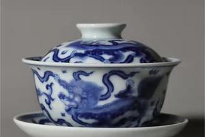 柴窑青花狮球纹三才盖碗