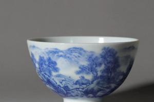 和然 梁军柴窑青花山水鸡心杯