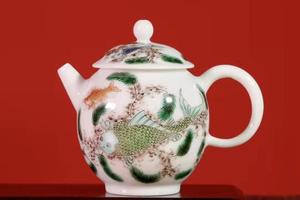 艺林堂古彩五彩描金 鱼藻纹蓑帽壶 茶壶