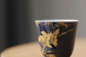艺林堂霁蓝釉描金花鸟竹子麻雀闻香品茶杯