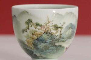 珏窑粉彩青绿山水小鸡心杯单杯