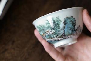 快雪時晴粉彩山水撇口杯款一