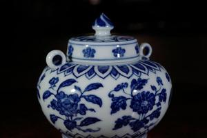 陶人临古柴窑烧仿永乐青花折枝花卉双系罐/茶叶罐