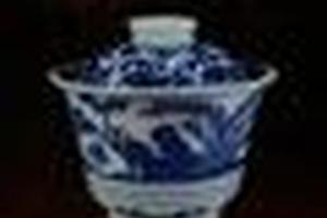 陶人临古柴窑手绘青花缠枝灵芝湖石竹纹盖碗/盖杯