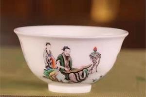 快雪时晴古彩人物伯牙抚琴图撇口品茶杯