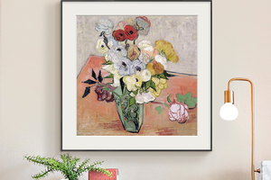 梵高-花瓶里的玫瑰与银莲花 博物馆级复刻版画 北欧客厅装饰油画