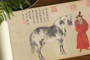 赵雍《临李公麟人马图卷》画芯手卷，原作超清复刻，宣纸画芯托裱