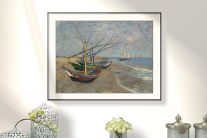 梵高-海边渔船 博物馆级复刻版画 北欧客厅装饰画书房玄关挂画