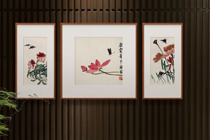 齐白石花鸟 博物馆复刻版画 新中式客厅装饰画三联实木框挂画